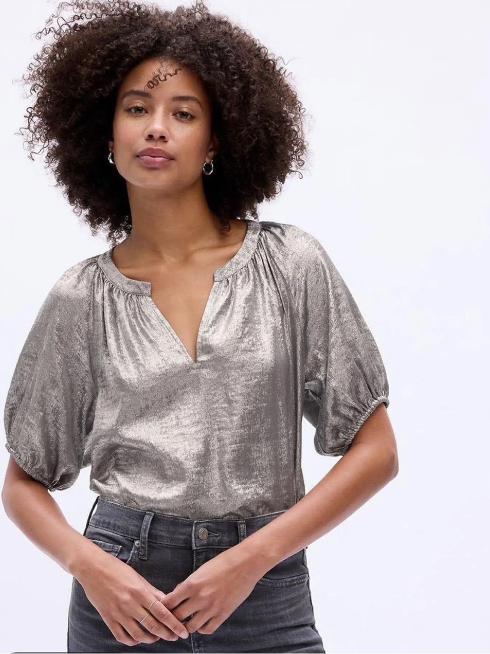 GAP Silver Metallic Peasant Blouse Medium